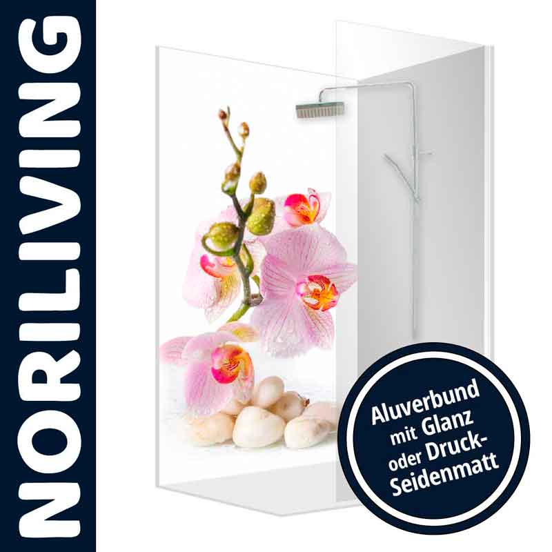 Duschwandbild mit Orchideenmotiv von Noriliving Duschwand-Panel mit Orchideen und Kieselsteinen von Noriliving, erhältlich mit glänzendem oder seidenmattem Aufdruck.