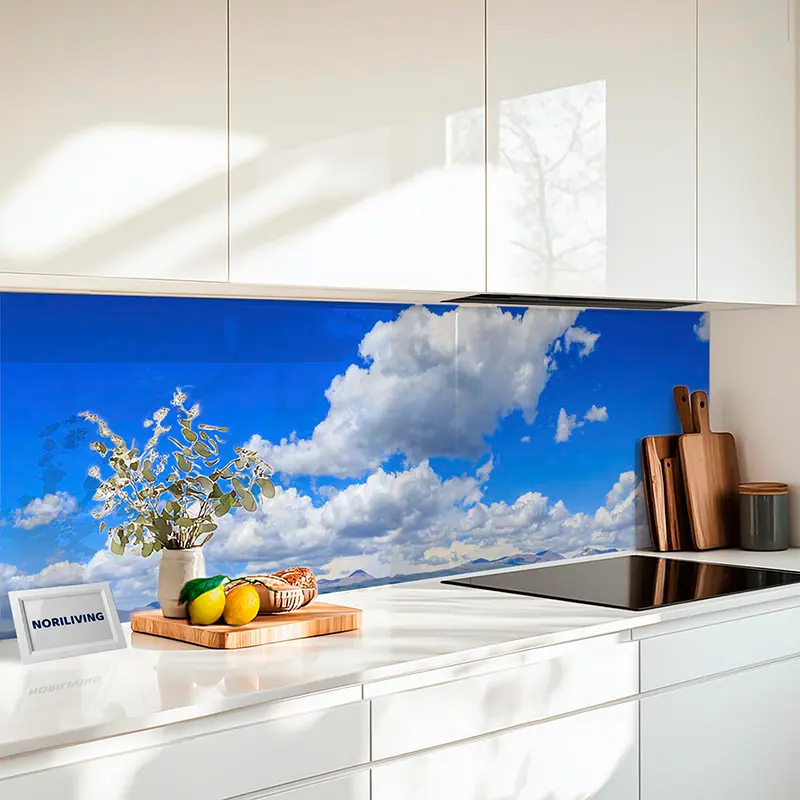 Küchenrückwand Alu Graslandschaft mit blauem Himmel und weißen Wolken 496