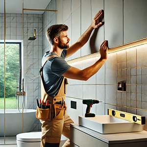 Ein Handwerker in Arbeitskleidung installiert Fliesen im Badezimmer mit Werkzeugen auf einer Arbeitsplatte.