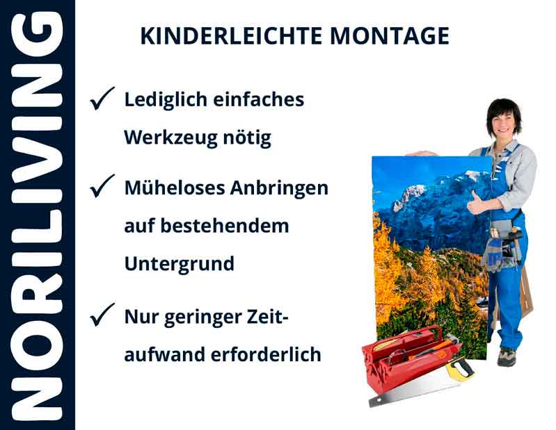 Frau neben Bild mit Montagewerkzeug, NORILIVING-Logo, kinderleichte Montagevorteile