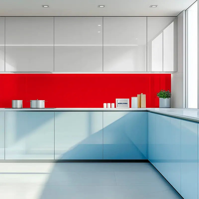 Helle minimalistische Küche mit roter Rückwand