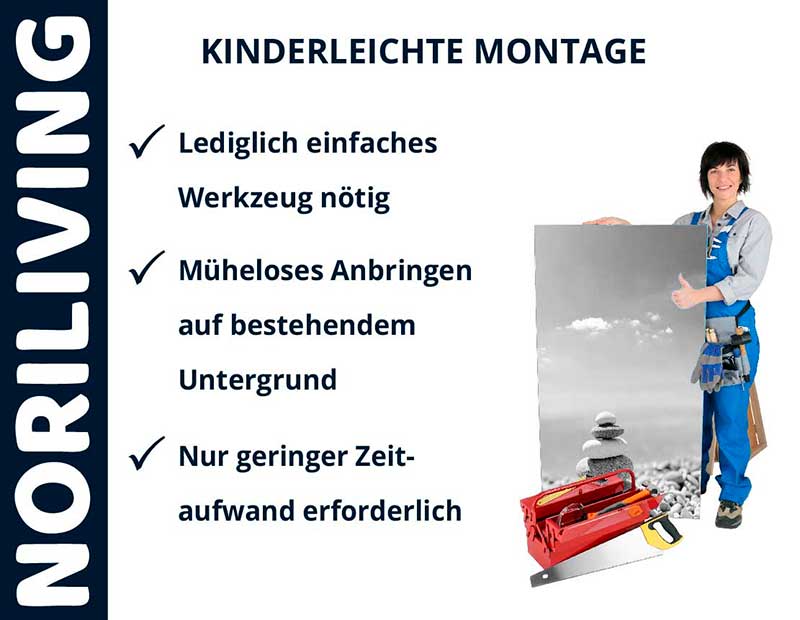 Werbung für Noriliving mit drei Checkpunkten: Einfaches Werkzeug nötig, Müheloses Anbringen, Geringer Zeitaufwand. Person mit Werkzeugkoffer und Bild.