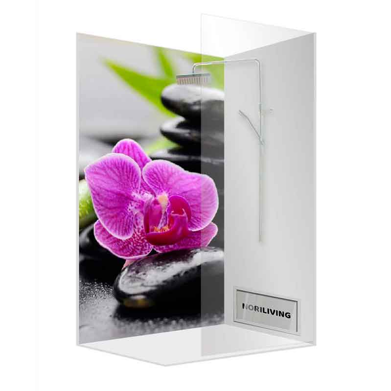 Duschwand mit großem Orchideenmotiv und minimalistischem Design