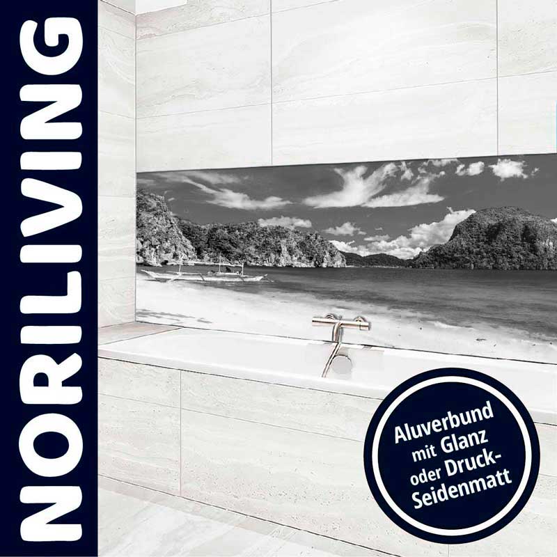 Moderne Badezimmergestaltung mit Landschaftsbild auf Aluverbundplatte, wahlweise Glanz oder Druck-Seidenmatt