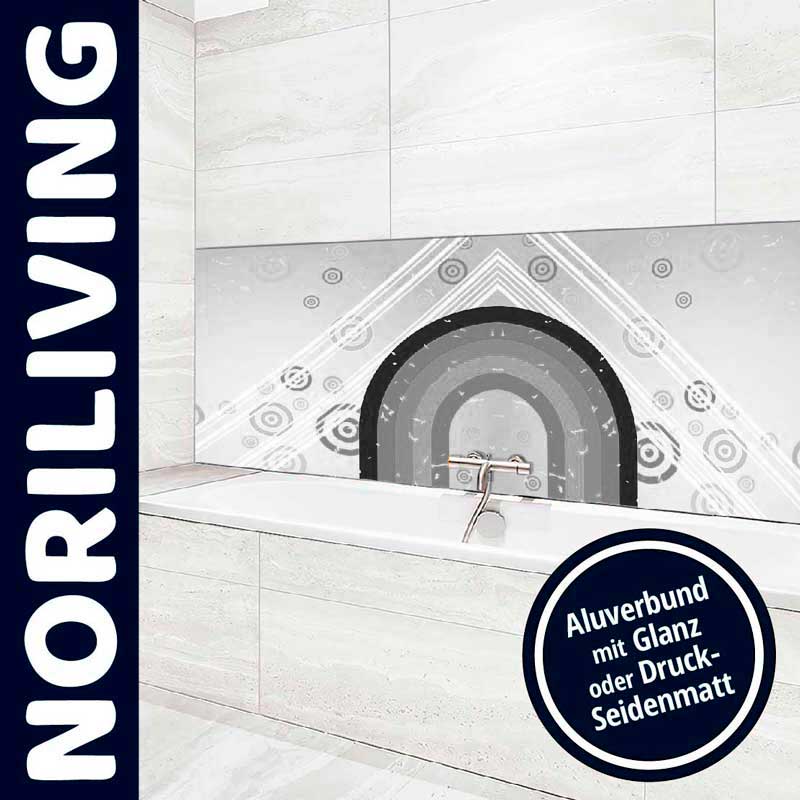 Badezimmer mit modernem Aluminiumpaneel im abstrakten Design von Noriliving, erhältlich in glänzend oder seidenmatt.