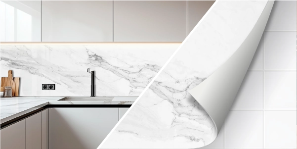 Dekorativer Marmor-Küchenrückwand-Aufkleber für moderne Innenräume Küche mit Marmor-Optik Rückwandaufkleber, der eine moderne und stilvolle Atmosphäre schafft.