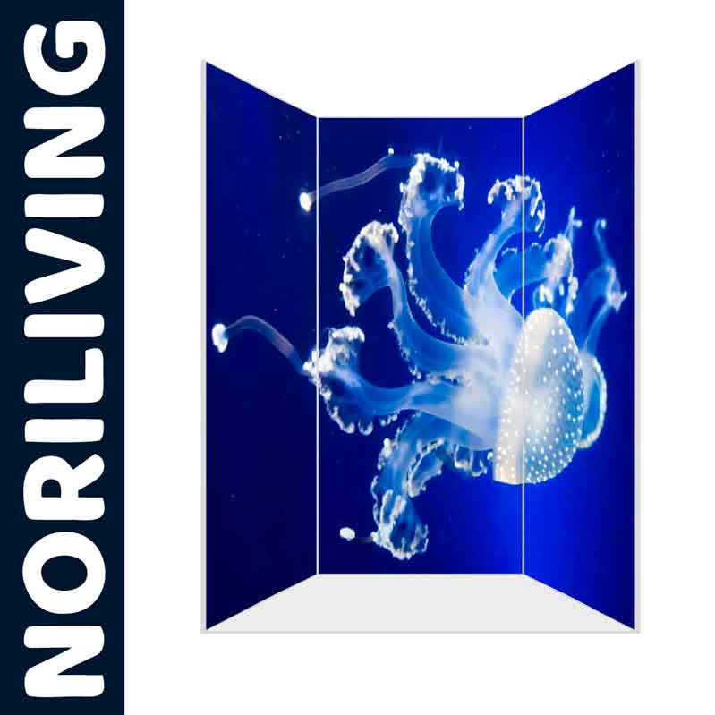 Noriliving Raumteiler mit Medusenmotiv in Blau Dreiteiliger Raumteiler mit blauer Quallenabbildung von Noriliving