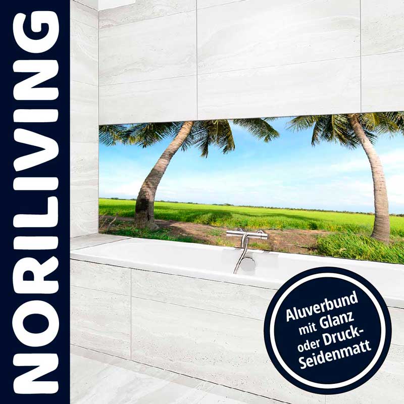 Badezimmer mit Panorama-Wandbild von Palmen und Landschaft, angeboten von Noriliving, Alubond mit Glanz oder Druck-Seidenmatt
