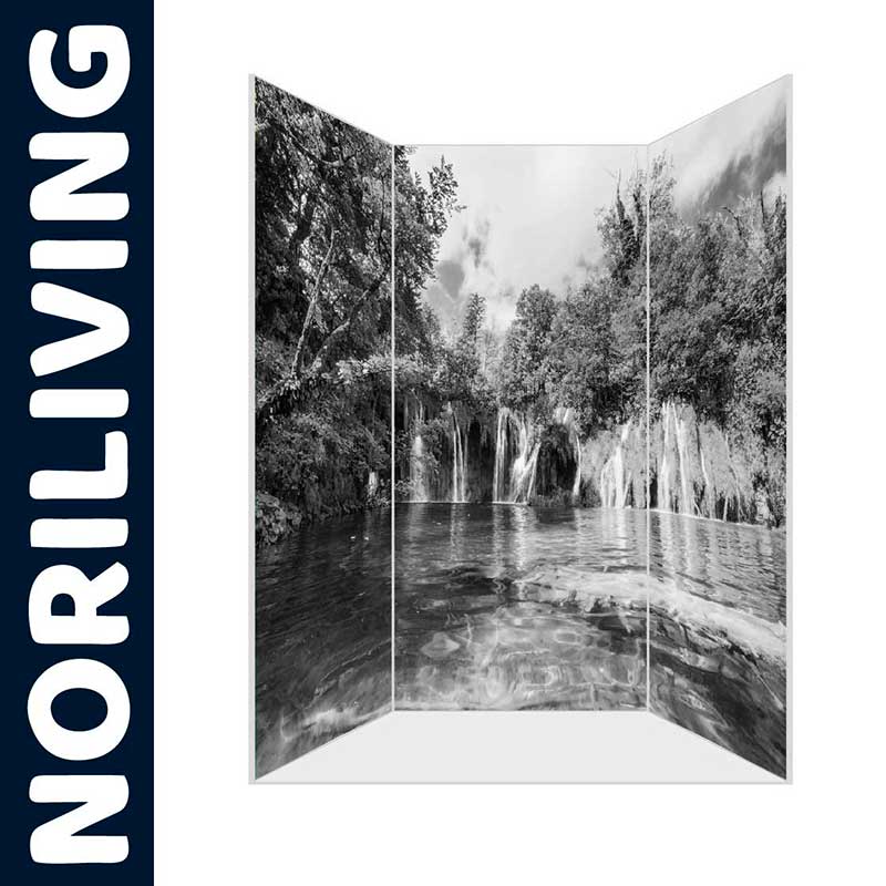 Raumteiler mit Naturmotiv eines Wasserfalls in Schwarz-Weiß, Marke Nori Living