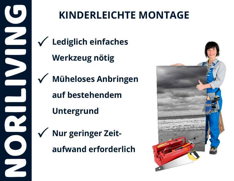 NORILIVING - Kinderleichte Montage mit einfachem Werkzeug Frau in Arbeitskleidung zeigt auf ein einfach zu montierendes Bild von NORILIVING mit Werkzeug, das nur geringen Zeitaufwand erfordert.