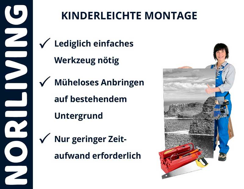 Person mit Werkzeug zeigt einfache Montage eines Bildes mit Noriliving Tipps: Lediglich einfaches Werkzeug nötig, müheloses Anbringen auf bestehendem Untergrund, geringer Zeitaufwand erforderlich.