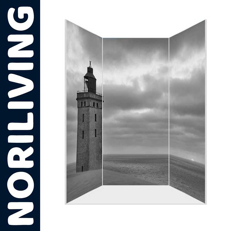 Dekorativer Raumteiler mit Leuchtturm-Motiv in Schwarz-Weiß von Noriliving Raumteiler von Noriliving mit Leuchtturm-Motiv in Schwarz-Weiß