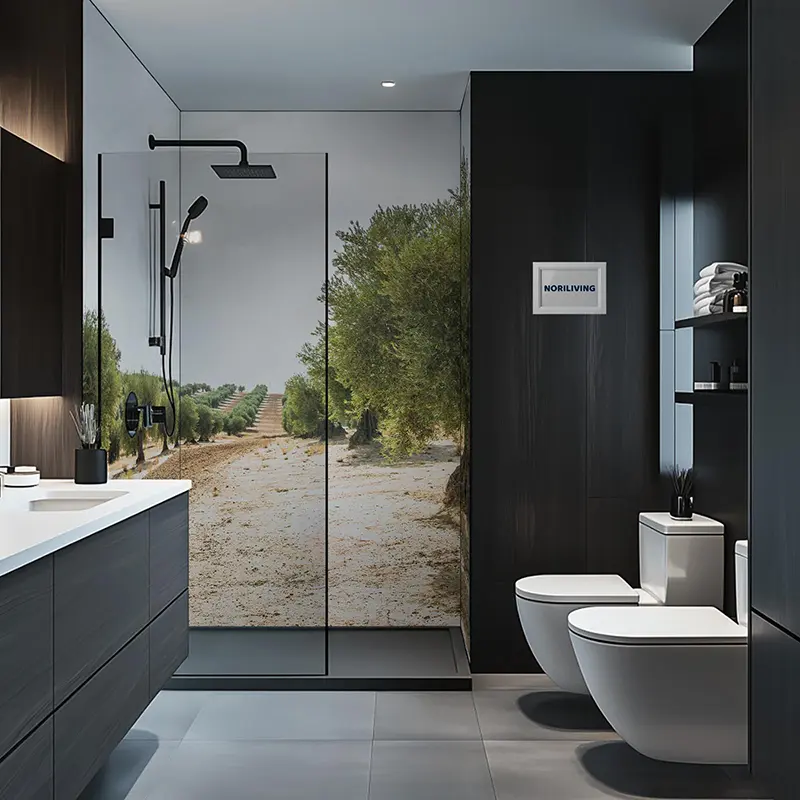 Modernes Bad mit Glasdusche und Olivenhain-Wandbild