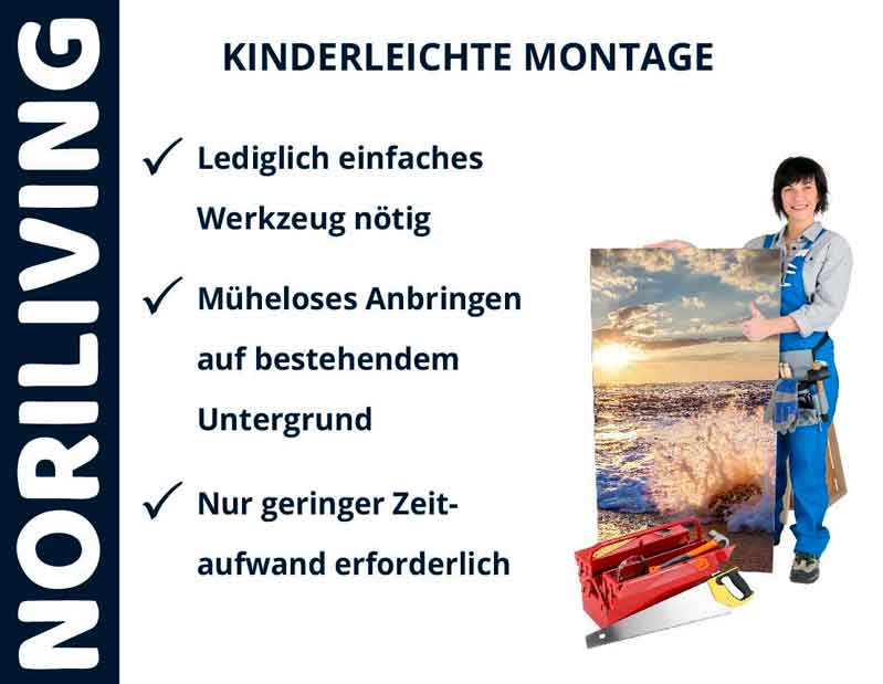 Noriliving - Kinderleichte Montage mit minimalem Zeitaufwand Noriliving-Produkt: Einfache Werkzeuganforderung, müheloses Anbringen, geringer Zeitaufwand. Montagebeispiel mit Sonnenuntergangsbild.