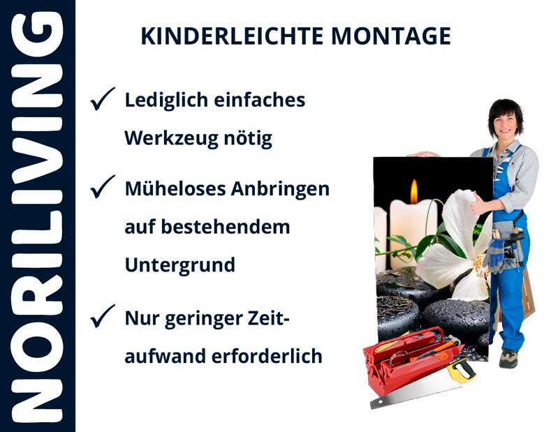 Montage-Anleitung von NORILIVING mit einfacher Werkzeuganforderung, mühelosem Anbringen und geringem Zeitaufwand. Person hält Wanddekoration mit Kerzenmotiv.