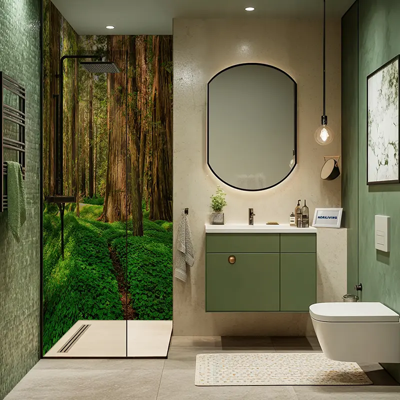 Modernes Bad mit Natur-Motiv in der Dusche