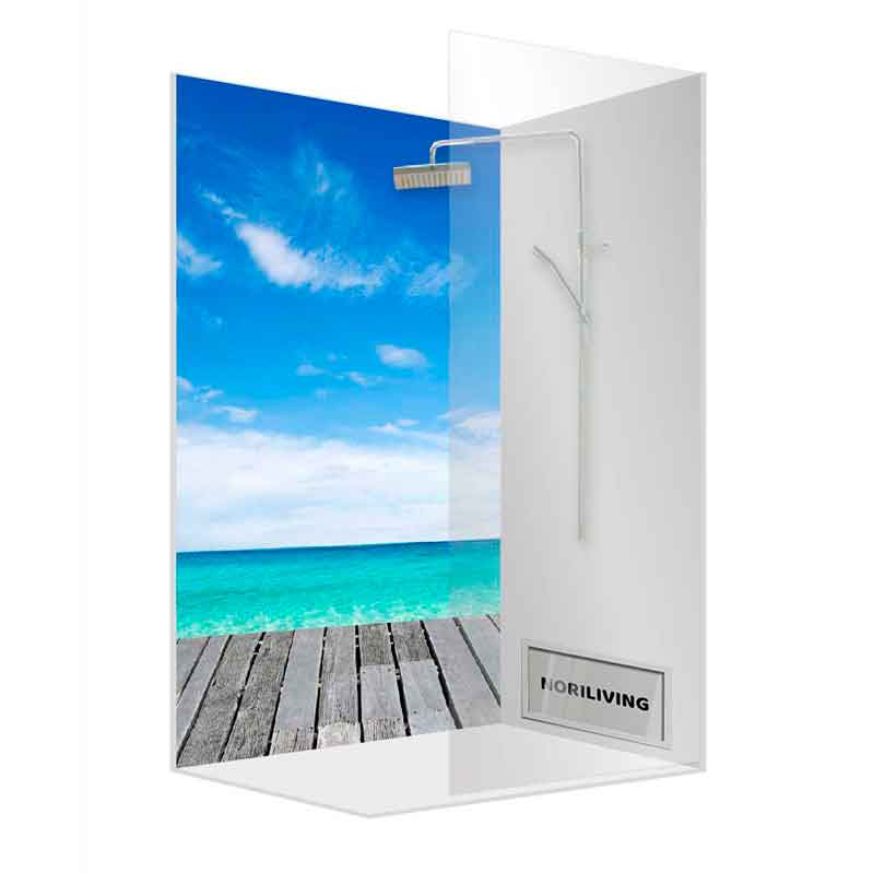 Luxuriöse Duschkabine mit Strandmotiv und moderner Regendusche Eine Duschkabine mit farbenfrohem Strandpanorama und eleganter Regendusche