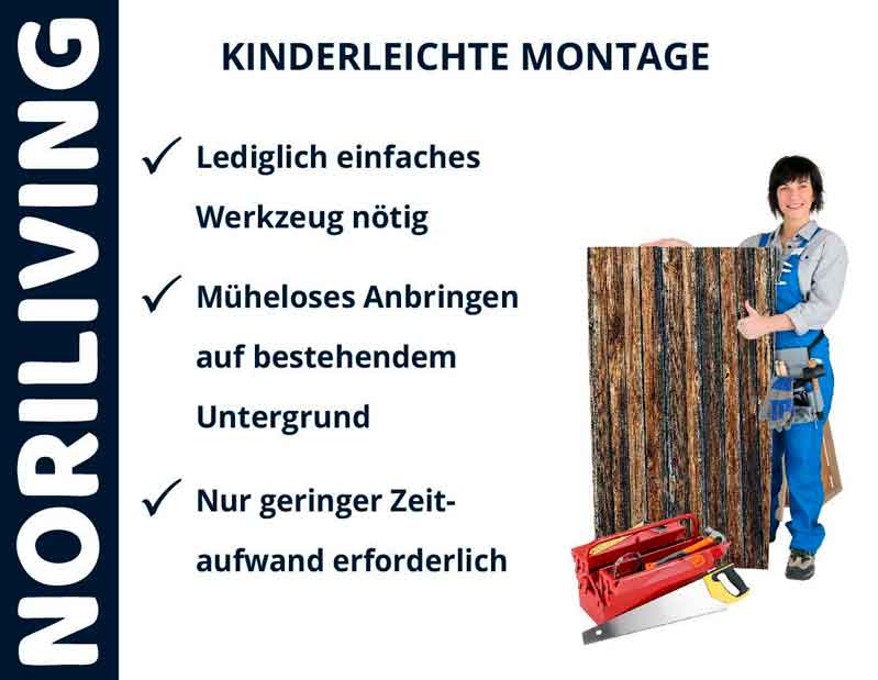 Frau präsentiert Paneele von NORILIVING; kinderleichte Montage, nur einfaches Werkzeug nötig, zeit- und arbeitssparend.