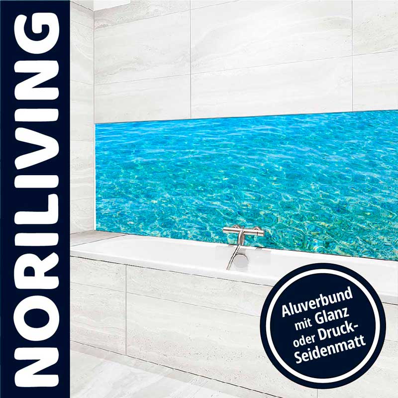 Badezimmer mit moderner Wandverkleidung und Meeresmotiv, Aluverbund erhältlich in Glanz oder Seidenmatt