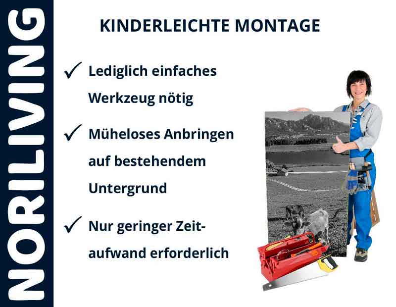 NORILIVING - Kinderleichte Montage mit minimalem Werkzeugaufwand Person zeigt stolz eine einfache Montage mit minimalem Werkzeug von NORILIVING. Drei Häkchen für einfache Werkzeuge, mühelose Anbringung und geringen Zeitaufwand.