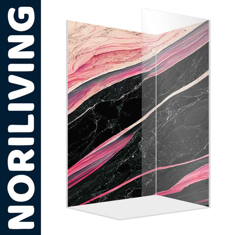 Duschrückwand mit elegantem Marmor-Design in Schwarz und Rosa von NORILIVING