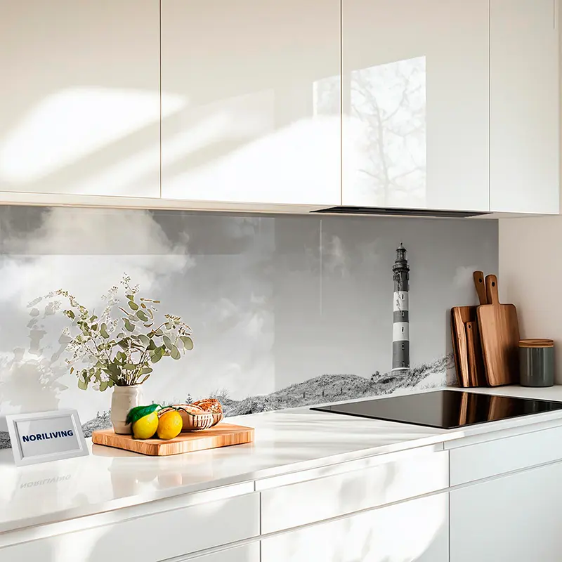 Küchenrückwand Alu Leuchtturm an der Nordsee 049 schwarz-weiß