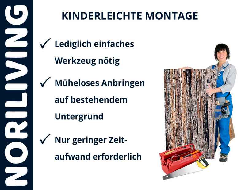 Frau präsentiert kinderleichte Montage von Noriliving-Produkten mit minimalem Werkzeugeinsatz