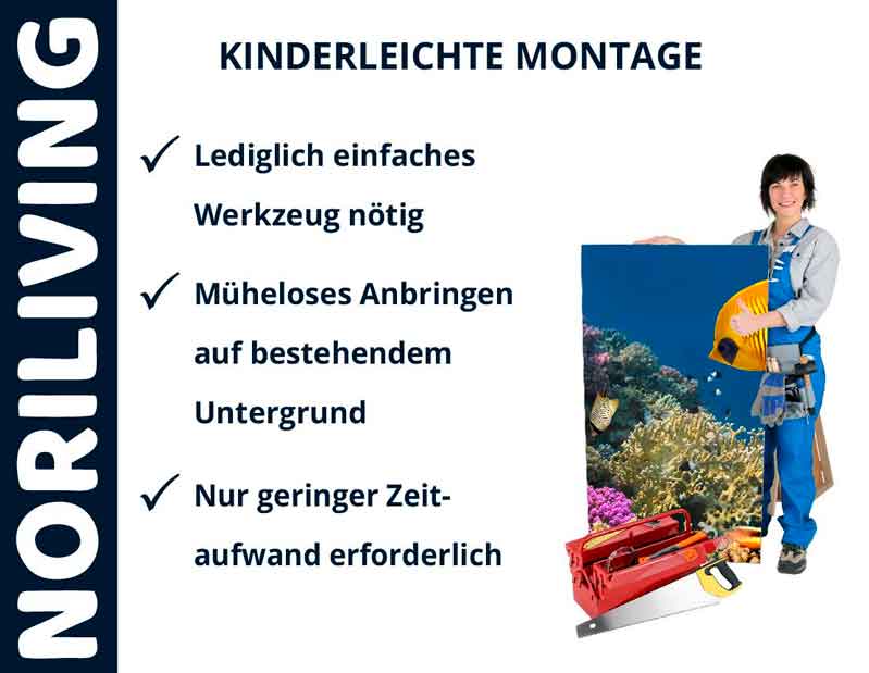 NORILIVING - Kinderleichte Montage mit minimalem Aufwand Illustration zur einfachen Montage mit Noriliving: Frau präsentiert Bild mit Meeresmotiv, Werkzeug und Checkliste