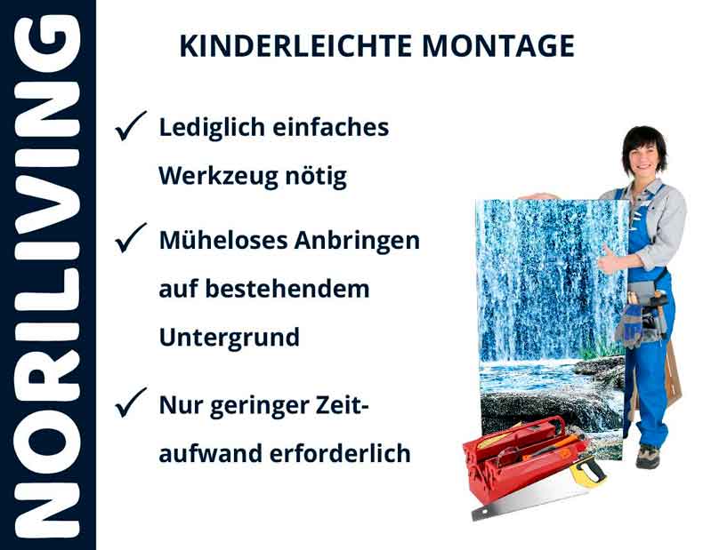 Frau mit Werkzeug zeigt einfache Montage von Dekorplatten, NORILIVING Werbung