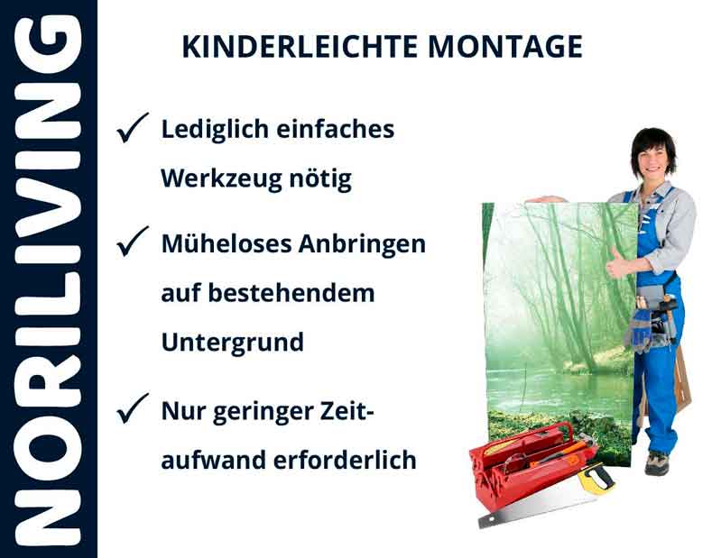 Noriliving Kinderleichte Montage mit einfachem Werkzeug Person mit Bild und Werkzeugkasten zeigt einfache Montage von Noriliving-Produkten