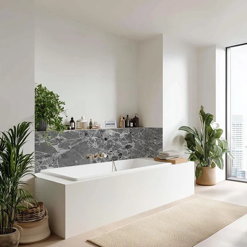 Badrückwand Alu Marmorstruktur mittelgrau mit rostfarbigen Einschlüssen 011 schwarz-weiß