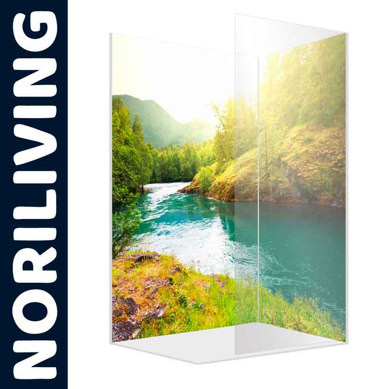 Duschwand mit Naturmotiv von Noriliving Duschwand zeigt Fluss und Waldlandschaft