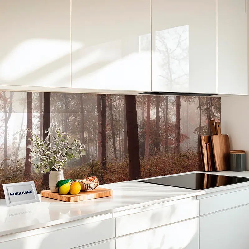 Fliesenspiegel Alu Herbstlicher Nebelwald mit hohen Buchen 375