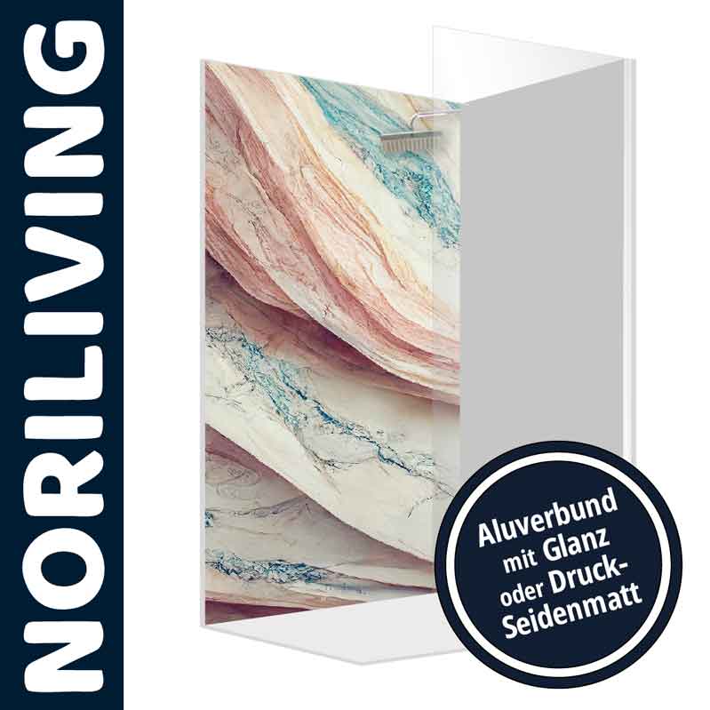 Trennwand aus Aluverbund mit abstraktem Natursteinmuster, erhältlich in Glanz oder Druck-Seidenmatt