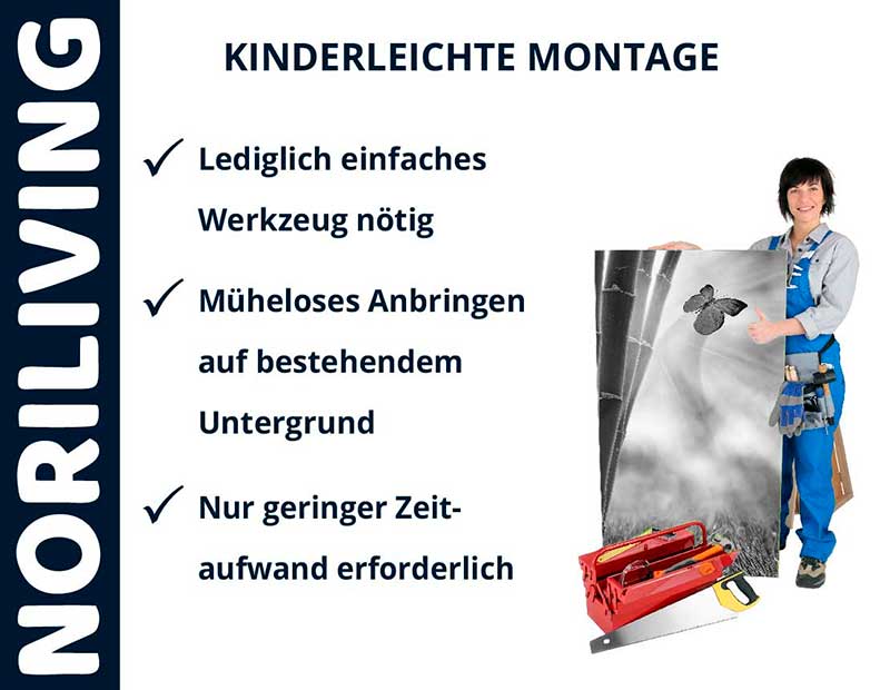 Grafik zeigt die einfache Montageanleitung von Noriliving mit wenigen Werkzeugen und einem geringen Zeitaufwand, dargestellt durch eine lächelnde Person mit Werkzeugkiste.