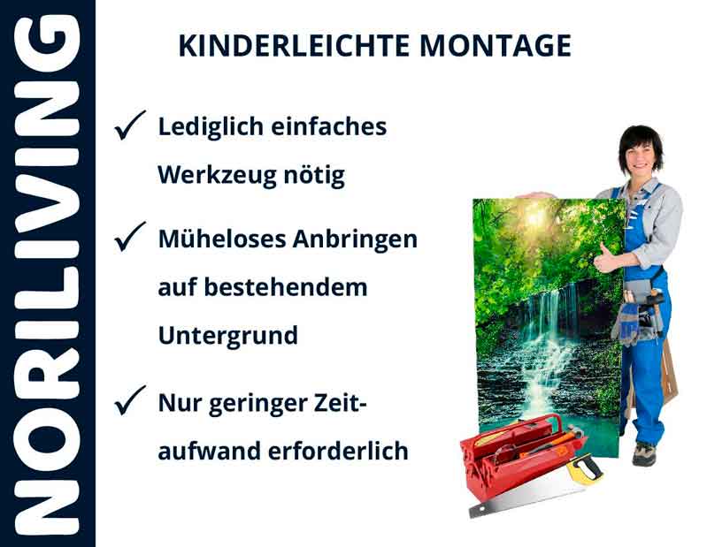 Frau zeigt einfache DIY-Montage mit Norliving-Produkt, benötigt nur einfaches Werkzeug und geringen Zeitaufwand.