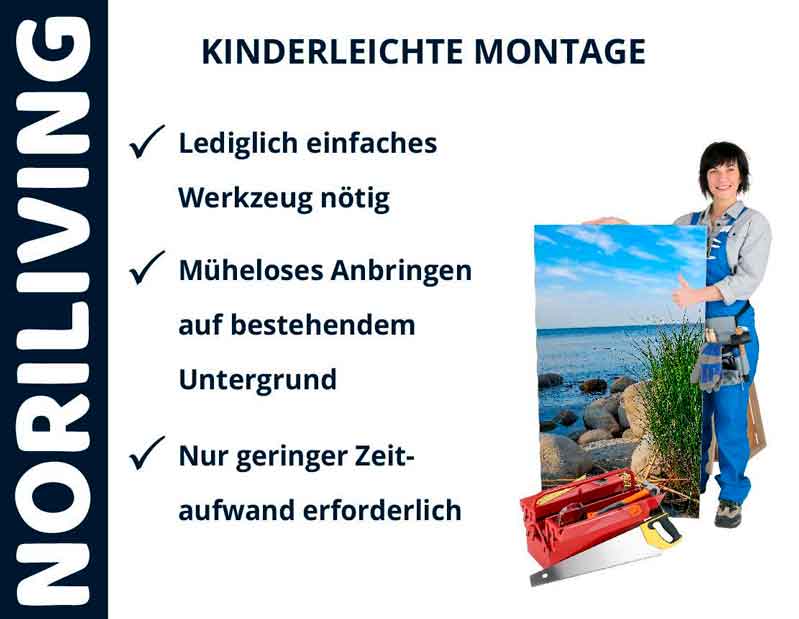 Plakat mit einfacher Montageanleitung, NORILIVING Eine Person hält ein Bild mit einem Landschaftsmotiv. Daneben steht ein Text mit Hinweisen zur kinderleichten Montage und benötigtem Werkzeug von NORILIVING.
