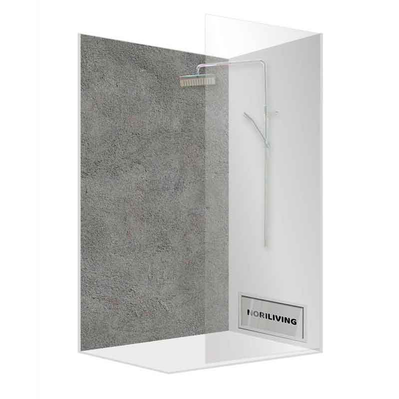 Bild einer modernen Dusche mit grauer Wandverkleidung, einer Glastrennwand und integrierter Duscharmatur