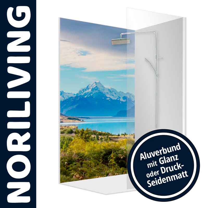 Noriliving Duschpaneel mit Landschaftsdesign - Aluverbund, Glanz oder Druck-Seidenmatt Duschpaneel von Noriliving mit Berg- und Seelandschaft, Aluverbund mit Glanz- oder Seidenmatt-Druckoptionen