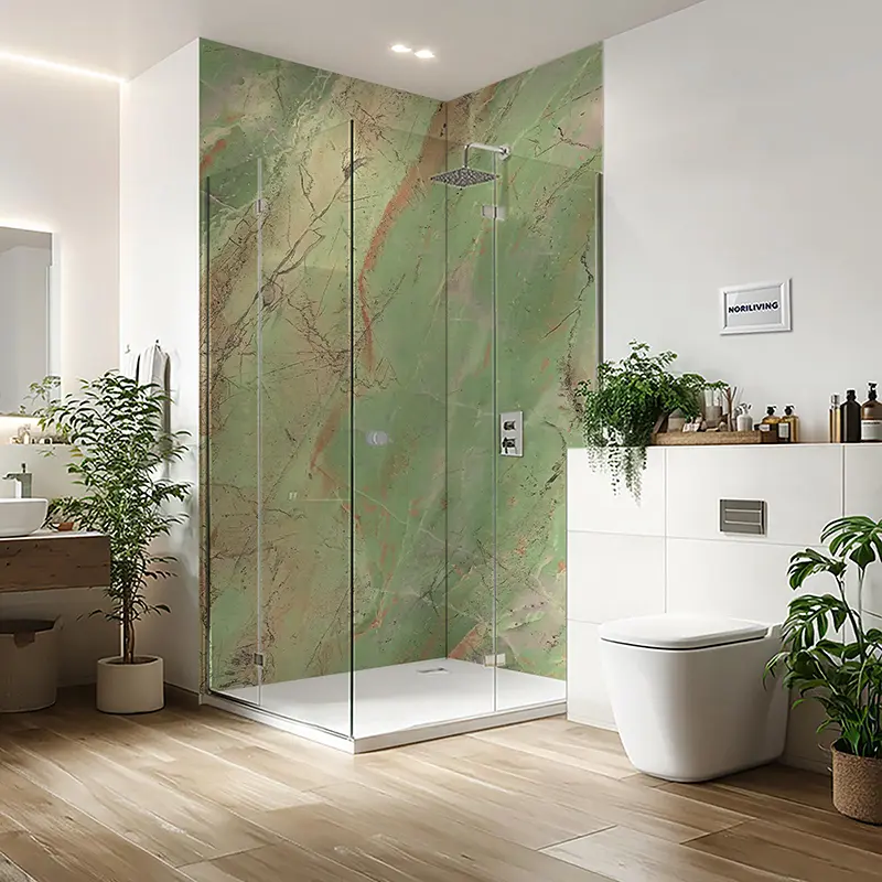 Duschrückwand Einzel | Ecke | Nische | Alu Marmor blassgrün mit rötlichen Einschlüssen 038