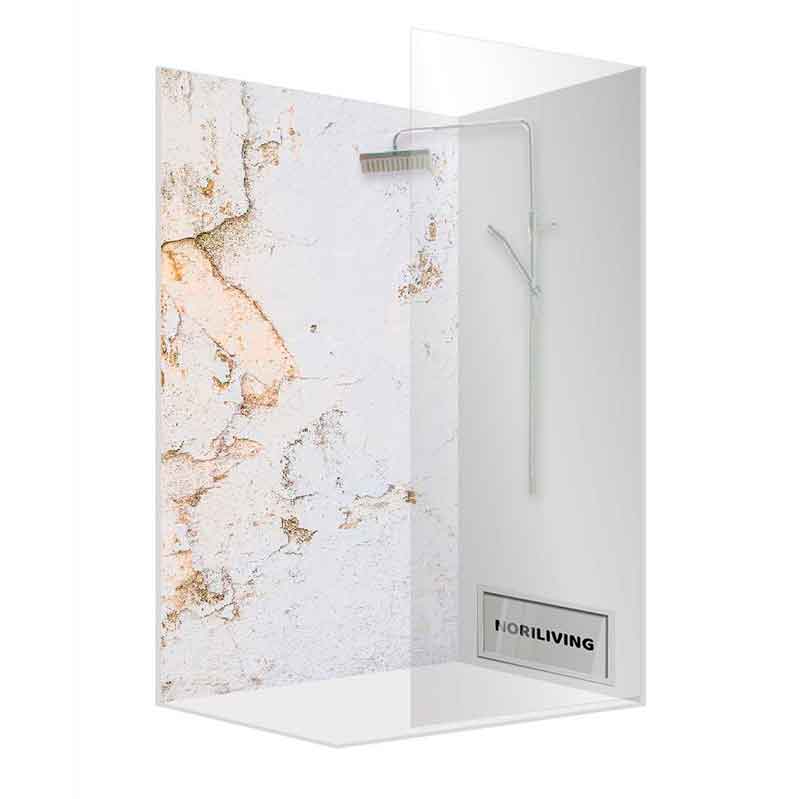 Dusche mit Glaswand und dekorativer Patina-Oberfläche