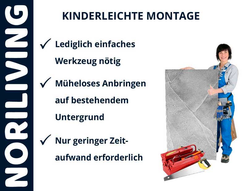 Handwerkerin zeigt einfache Wandmontage mit Noriliving, Werkzeug und Anleitung im Bild