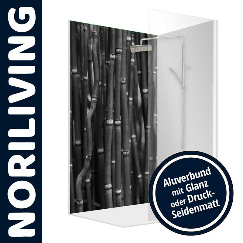 Duschabtrennung von Noriliving mit stilvollem Bambusmotiv. Erhältlich in Alu-Verbund mit glanzender oder mattierter Oberfläche.