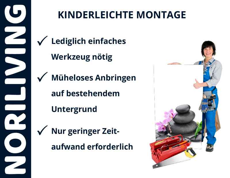 Plakat zur kinderleichten Montage mit einfachen Werkzeugen, brauchbar auf bestehendem Untergrund und geringem Zeitaufwand. Person mit Werkzeugtasche.