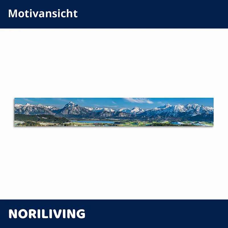 Panorama: verschneite Alpen, See und Tal