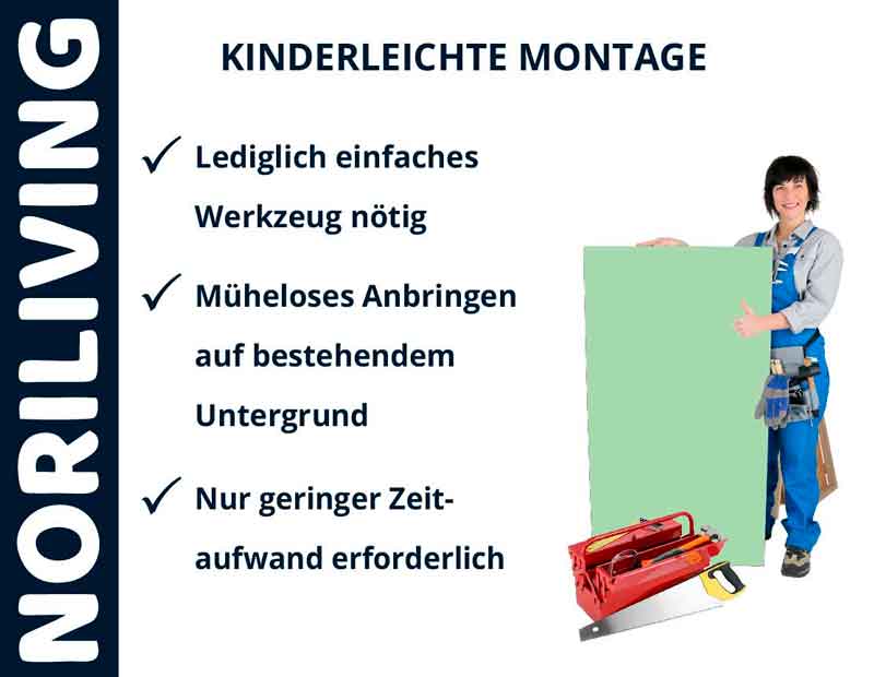 Werbung für kinderleichte Montage von Noriliving mit Frau, die Werkzeug und Material hält