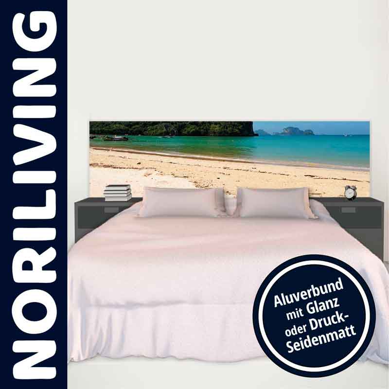 Doppelbett mit Strandmotiv-Kopfteil und Nachttischen, Aluverbund-Material in Glanz oder Seidenmatt von Noriliving