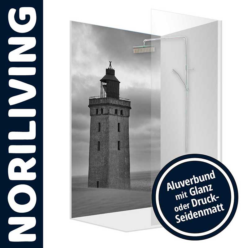 Elegante Duschwand mit Leuchtturm-Motiv von NORILIVING Moderne Duschwand mit Leuchtturm-Design auf Aluverbundmaterial, wahlweise glänzend oder seidenmatt, von NORILIVING