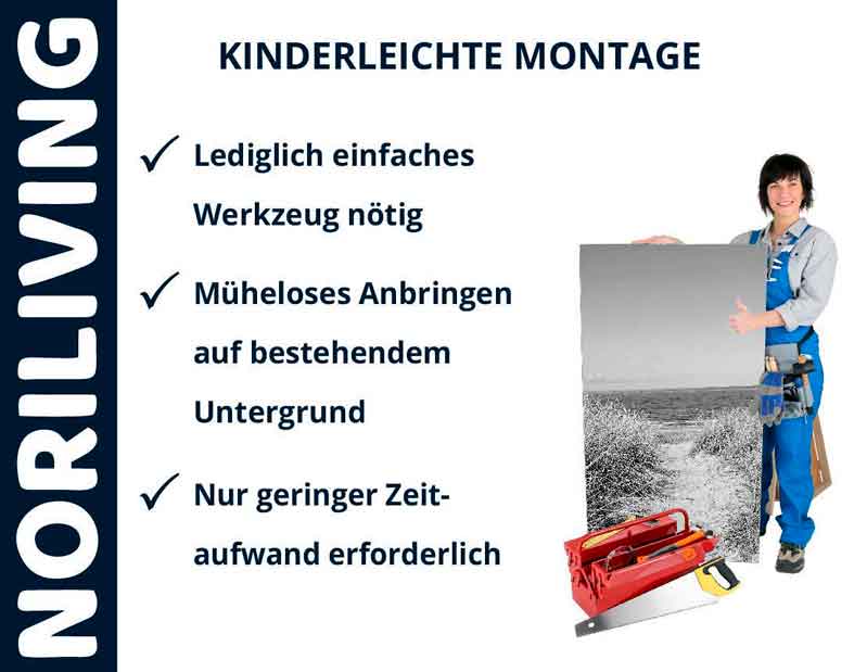 Anleitung zur kinderleichten Montage von Noriliving-Produkten mit minimalem Werkzeugaufwand. Person hält ein Bild mit Montagewerkzeug.