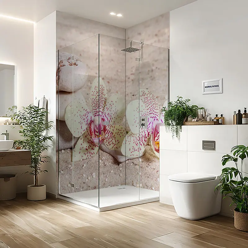 Duschrückwand Einzel | Ecke | Nische | Alu Orchidee mit Zensteinen im Sand 609